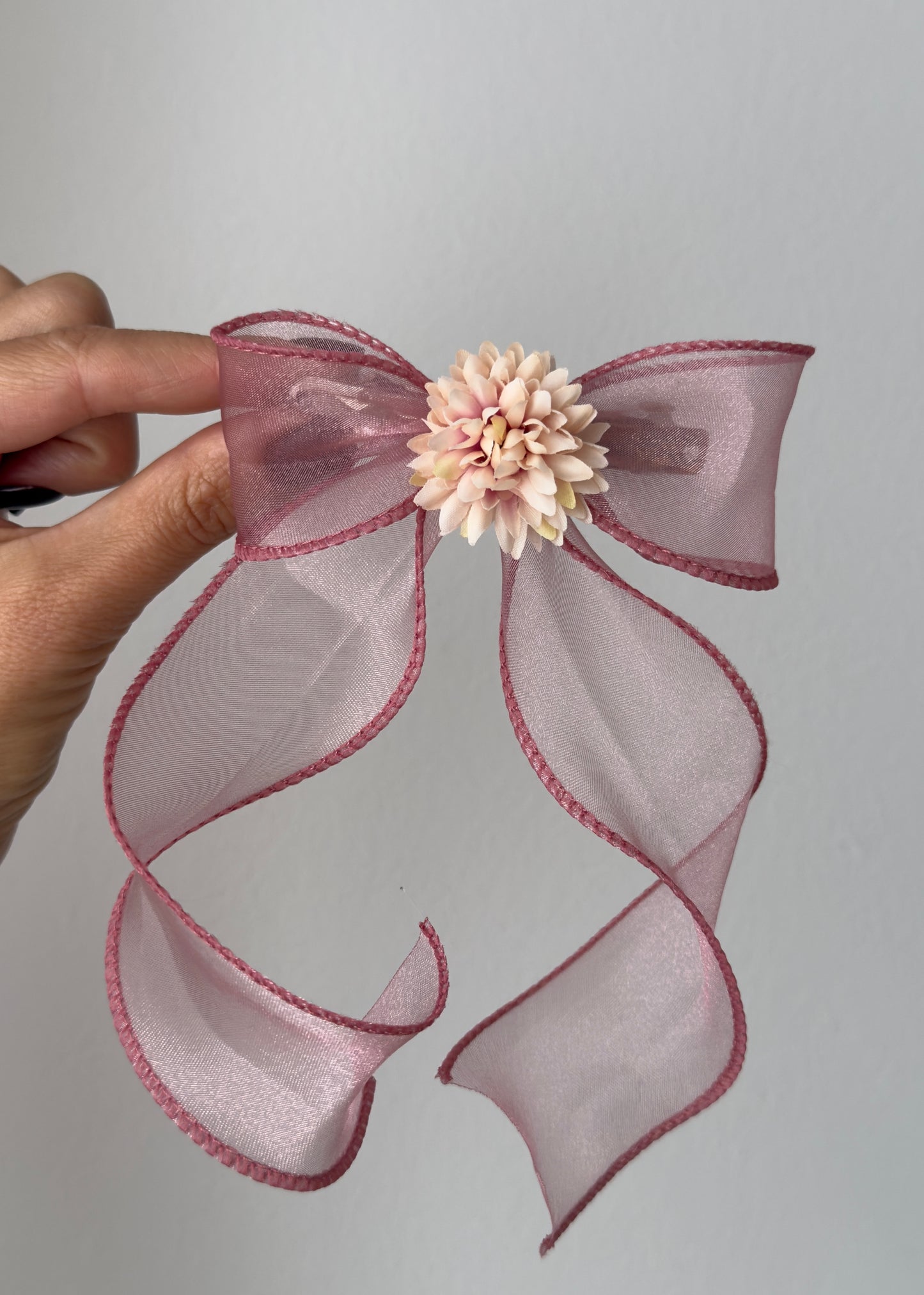 Eleonora – Handmade Organza Bow Barrette with Flower | Romantic Long Tail Hair Clip Made in Italy