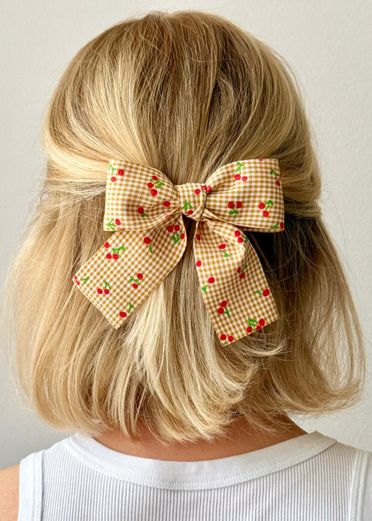Genoveffa Hair Bow Barrette: Vintage Cherry Print Clip