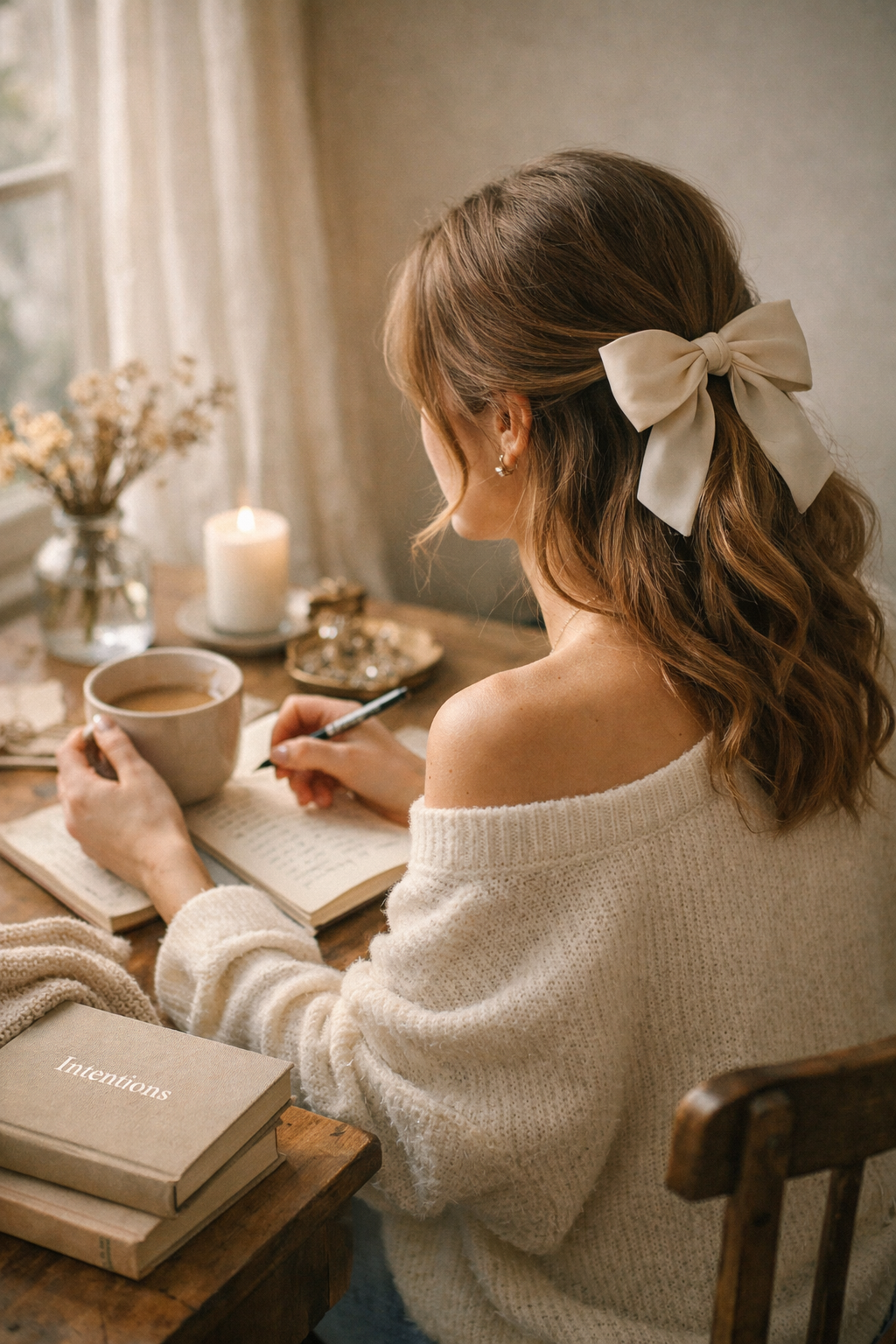 A young woman sits at a wooden table by a sunlit window, writing in an open journal while holding a mug.