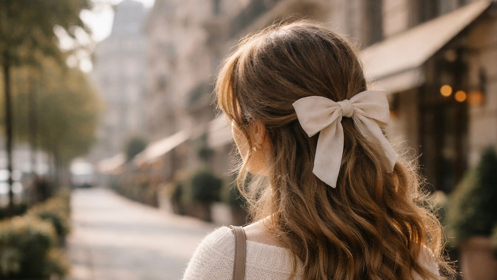 A woman is seen from behind walking along a sunlit city street in the morning, wearing a cream sweater and a bow in her hair, with softly blurred buildings in the background.