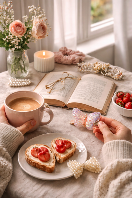 A colorful butterfly hair clip with iridescent wings, sequins, and a pink gemstone center, styled on a soft, pastel background.