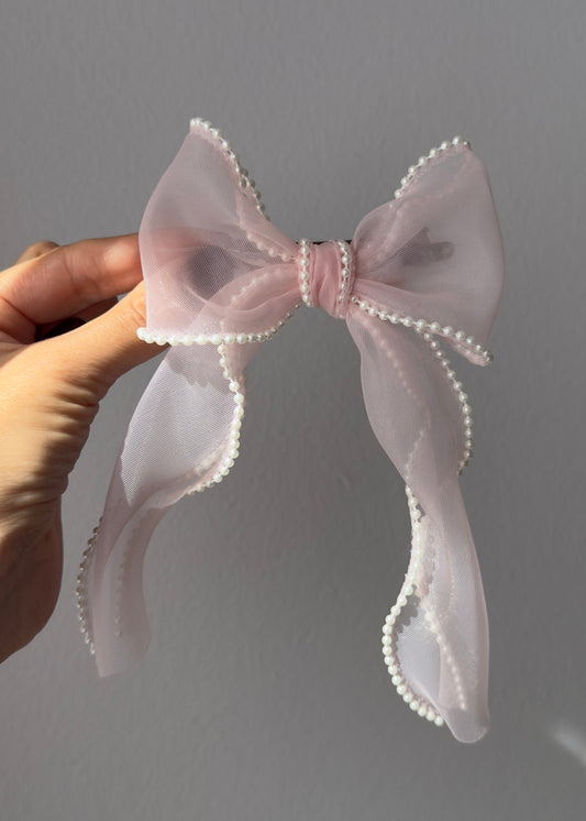 Aurora – Pale Pink Sheer Bow with Pearl Trim | Handmade in Italy