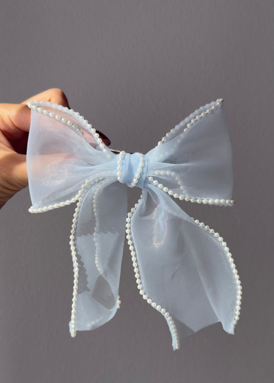 Celeste – Sheer Powder Blue Bow with Pearl Detailing | Handmade in Italy