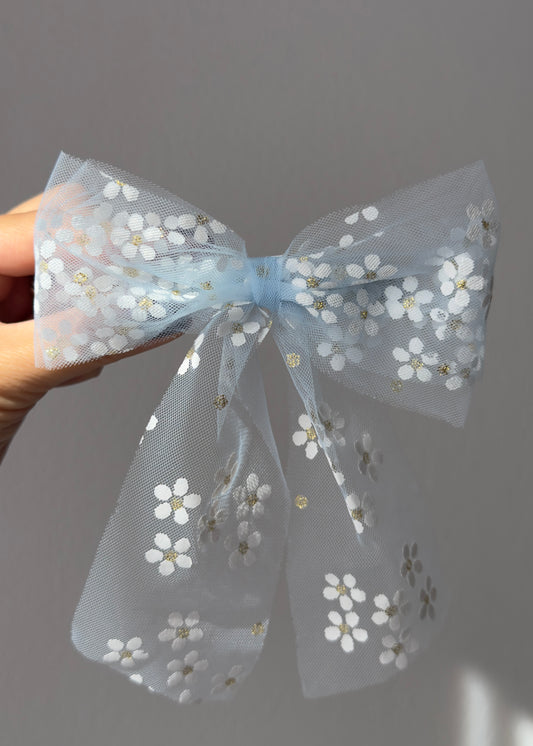 Daisy – Blue Tulle Floral Bow Barrette | Cottagecore Hair Clip