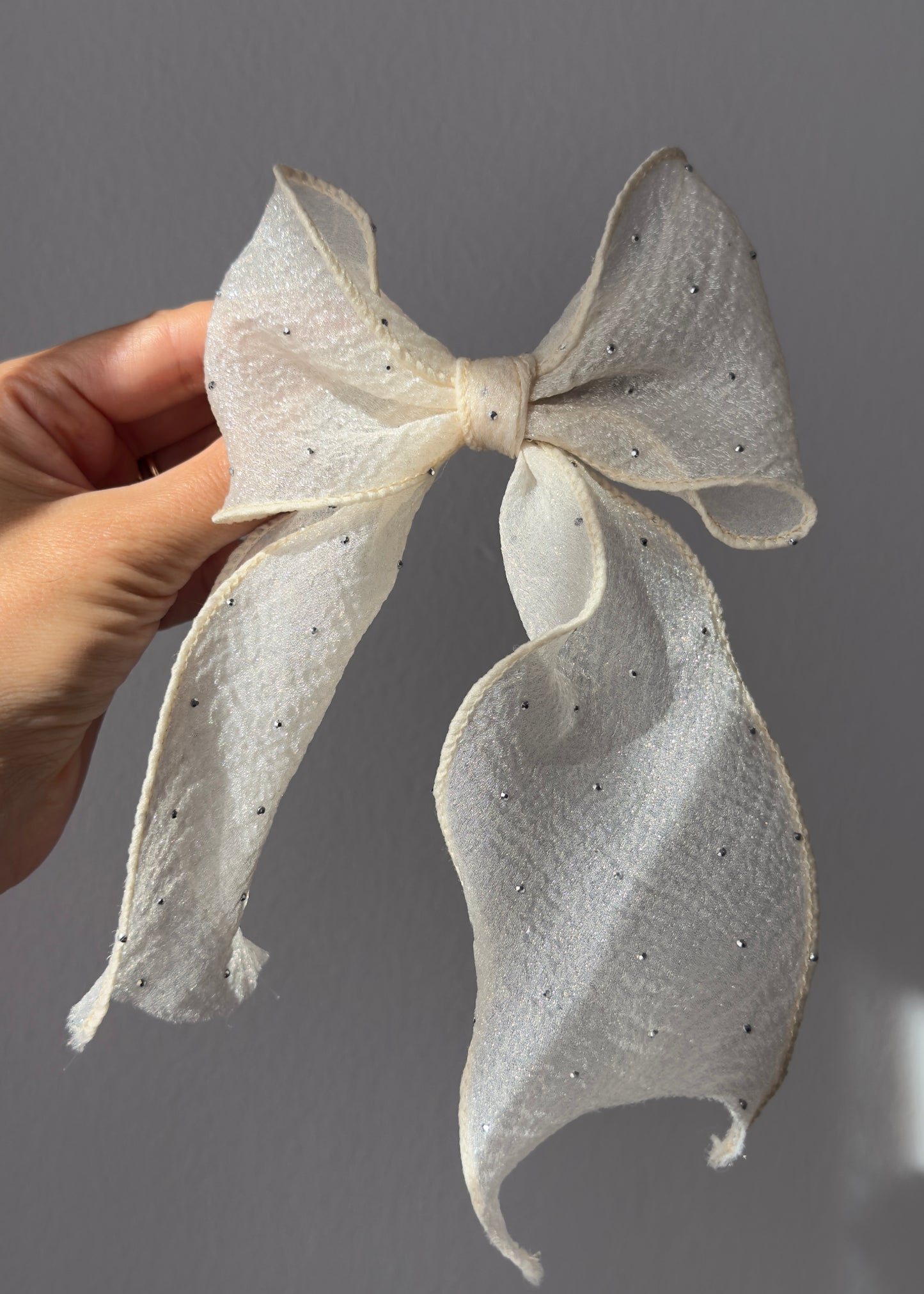 Bianca – Sparkly Ivory Bow Barrette | Handmade Long Tail Hair Clip