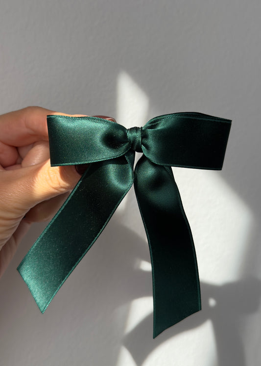 Sofia – Emerald Green Satin Bow Barrette | Handmade Festive Hair Clip