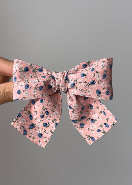 Edita Bow Barrette – Pink Floral Hair Clip with Blue Blossoms