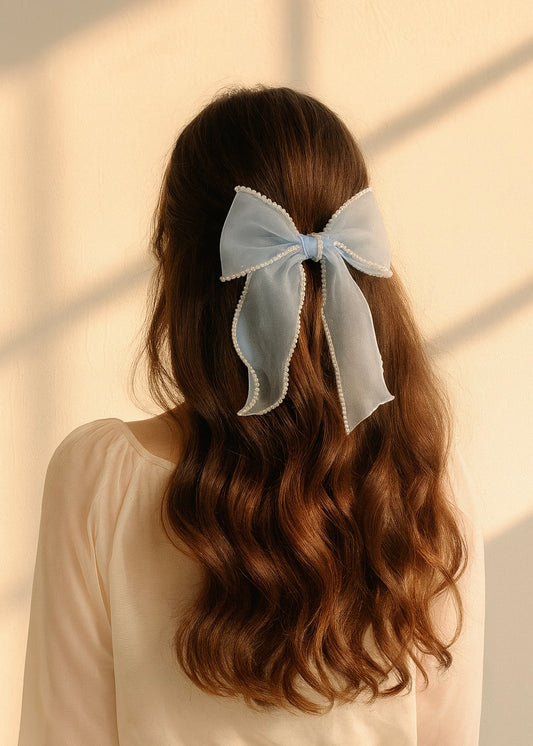 Celeste – Sheer Powder Blue Bow with Pearl Detailing | Handmade in Italy
