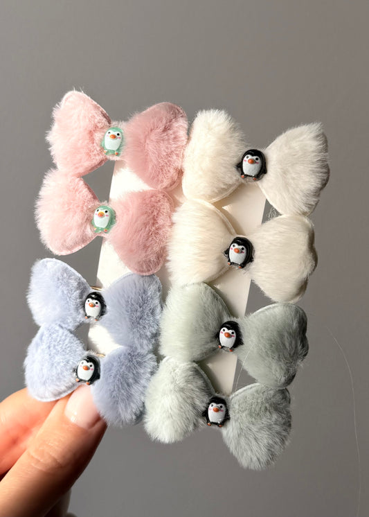 Winter Penguin Furry Hair Clips – Soft Pastel Set of 2