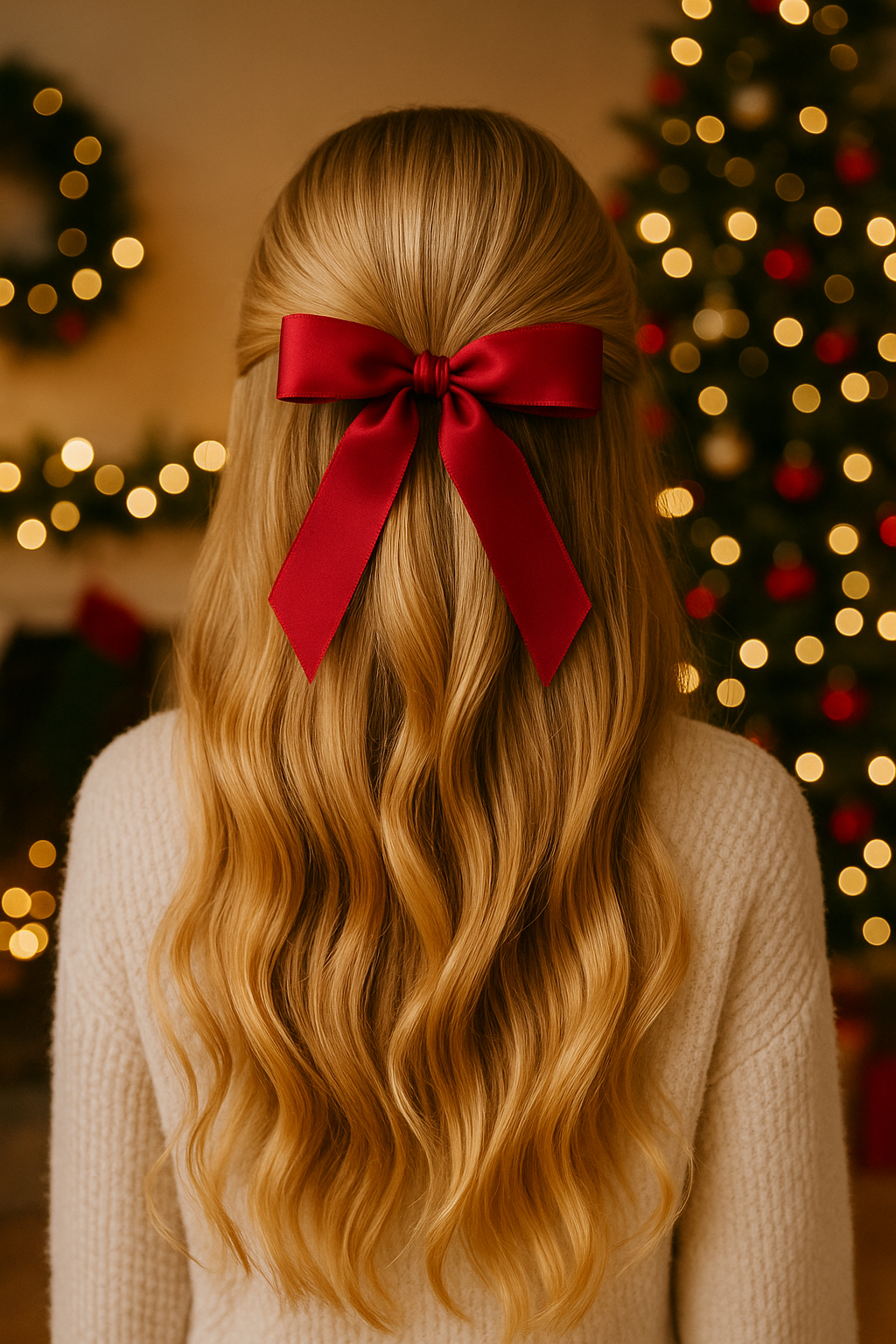 Person with long blonde hair wearing a red bow, Christmas tree and lights in the background