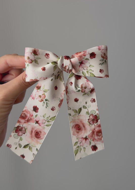 Alessandra Hair Bow Barrette: Vintage Floral Ribbon Clip