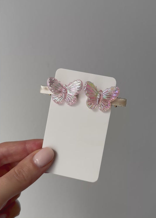 Pink Iridescent Butterfly Hair Clips – Sparkly Kids Barrette Set (2)